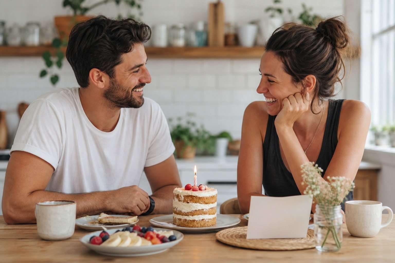 Pareja celebrando un cumpleaños con un desayuno y una tarta pequeña