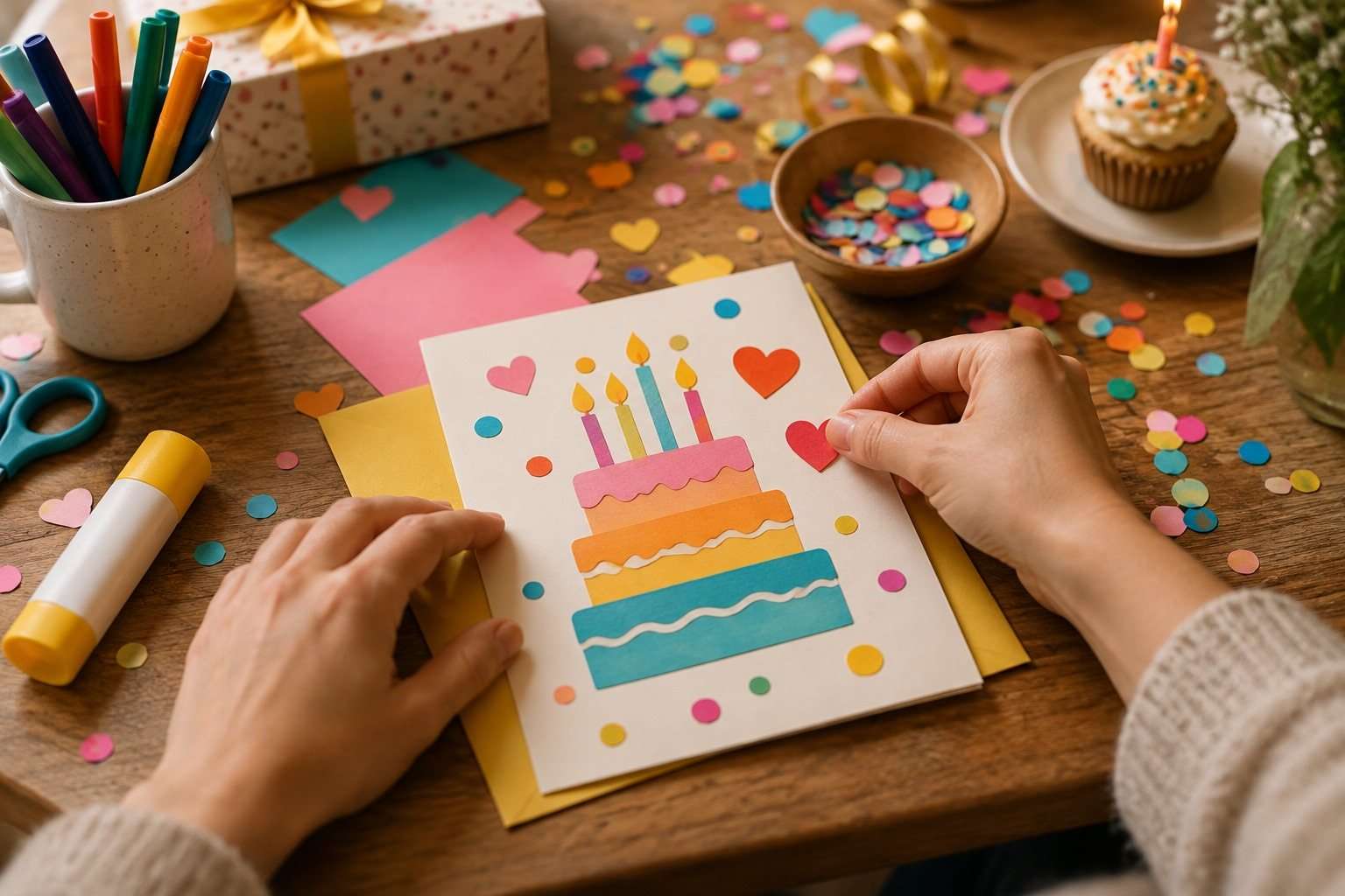 Manos preparando una tarjeta de cumpleaños colorida junto a confeti